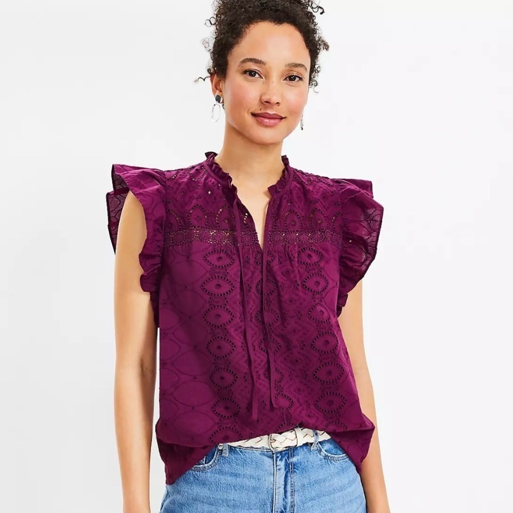Loft Purple Petite Eyelet Ruffle Tie Neck Top Size S